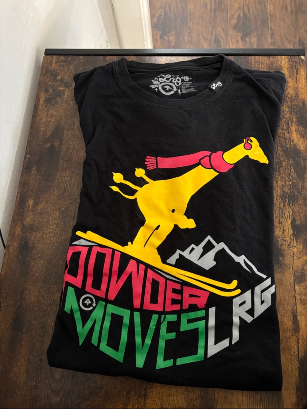 LRG Black Short-Sleeve Tee with Yellow Giraffe 'Powder Moves' Graphic
